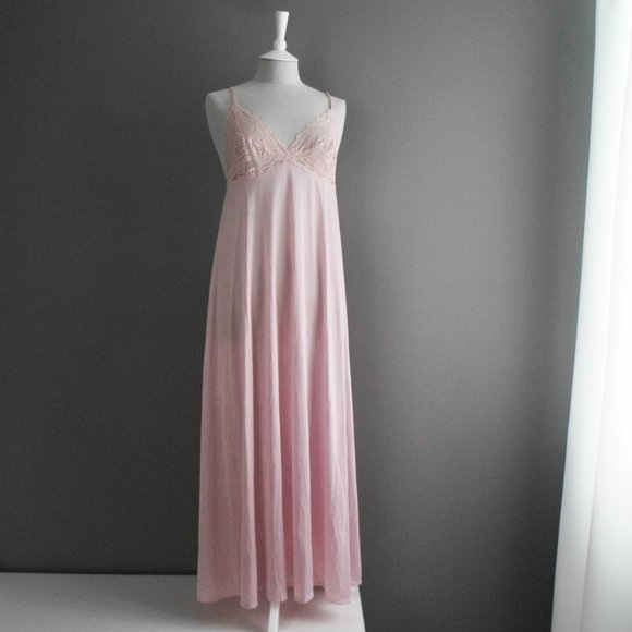 Vintage Lily of France Long Satin & Lace Mauve Pink Slip Night Gown Size Large - Picture 4 of 15